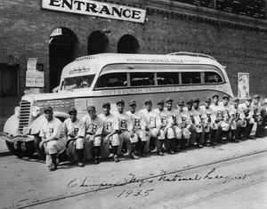 Pittsburgh Crawfords in front of the team bus at Greenlee Field